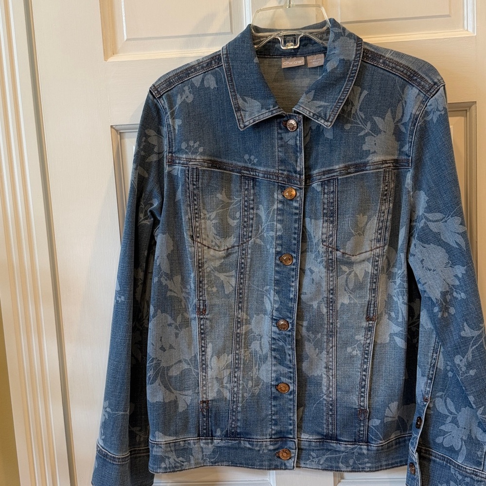 Chico's Blue Floral Denim Jacket.
